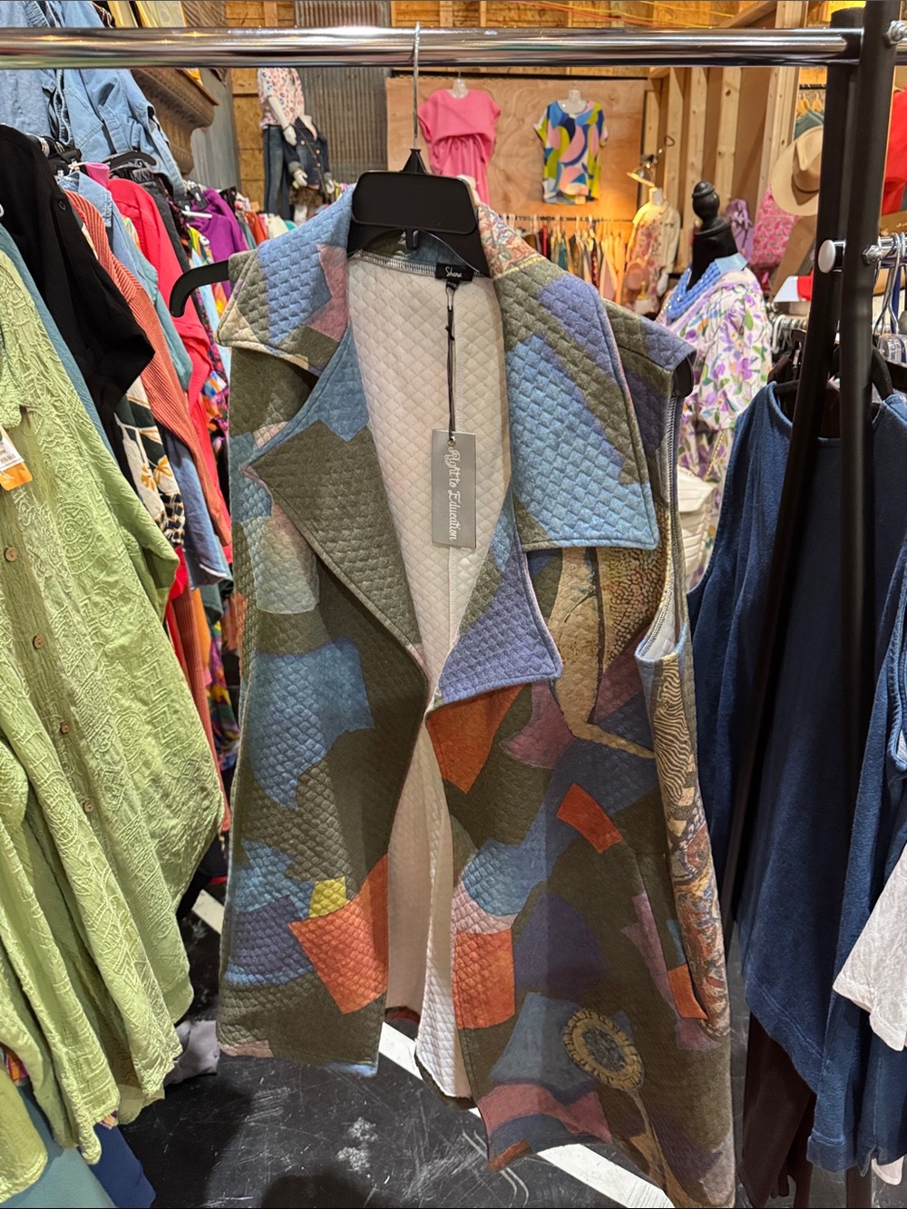Patchwork Quilted Long Vest in Olive with Blue & Rust Accents
